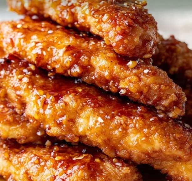 Crispy honey butter garlic chicken strips served with dipping sauce
