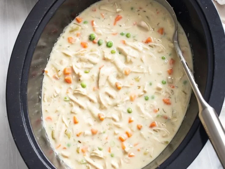 Delicious Crock Pot Chicken Pot Pie ready to serve with flaky crust and vegetables