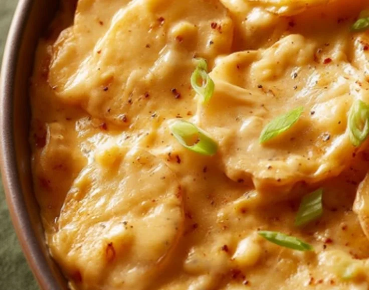 Crockpot scalloped potatoes served in a bowl with creamy sauce and cheese.