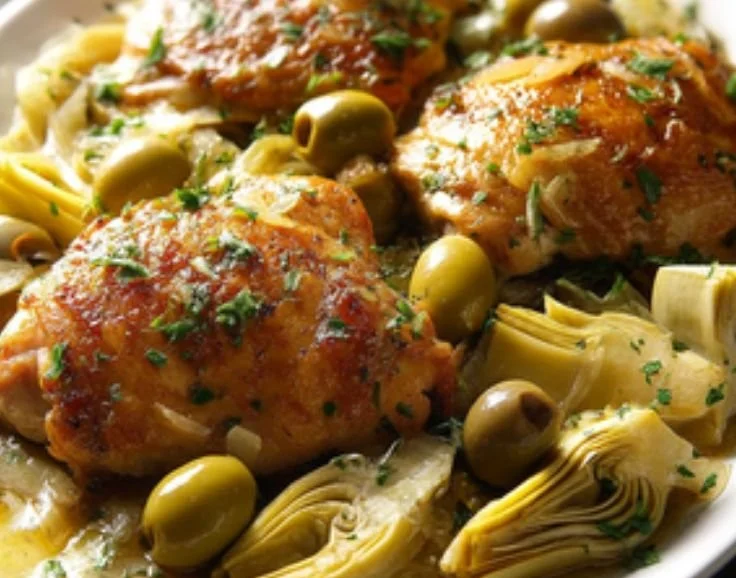 Double-Duty Chicken with Olives & Artichokes recipe dish