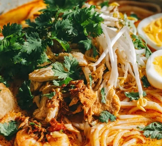 Bowl of easy laksa with noodles, shrimp, and fresh herbs on a wooden table