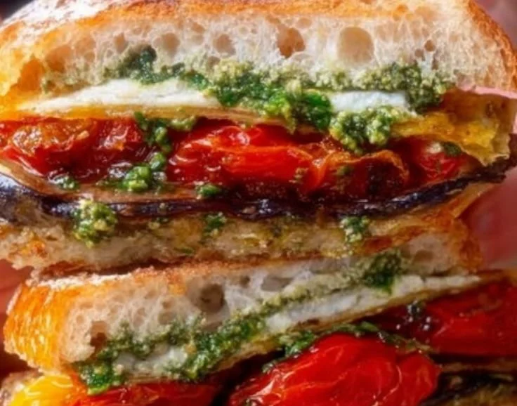 Eggplant Pesto Sandwich with fresh ingredients and vibrant colors