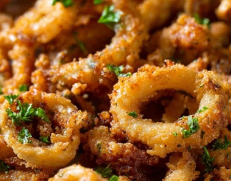 Plate of delicious, crispy fried calamari served with a tangy dipping sauce