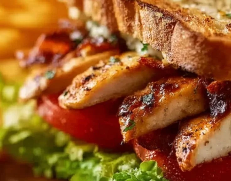 Garlic butter sandwich with lettuce, tomato, and grilled chicken on a plate
