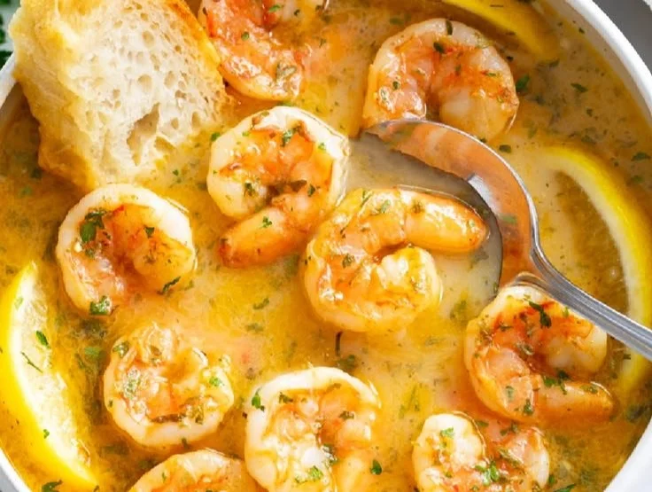 Delicious garlic butter shrimp served on a plate with herbs and spices.