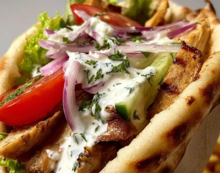Delicious Greek Chicken Gyros served with fresh toppings and tzatziki sauce