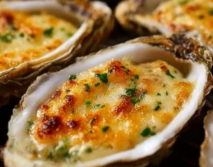Grilled Parmesan garlic oysters topped with herbs and cheese on a platter.
