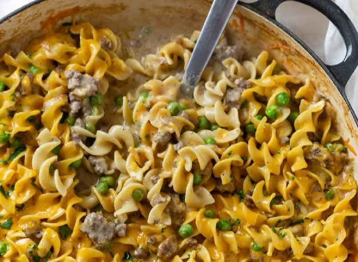 Delicious Ground Beef Stroganoff served in a bowl with noodles