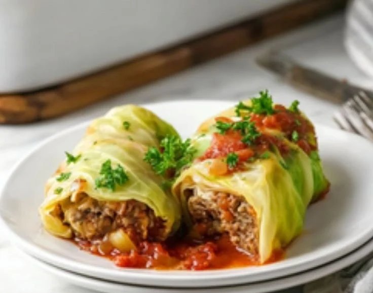 Healthy cabbage rolls filled with vegetables and lean meat, served on a plate.