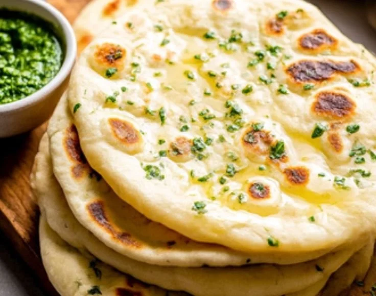 Homemade naan bread served with curry and fresh herbs