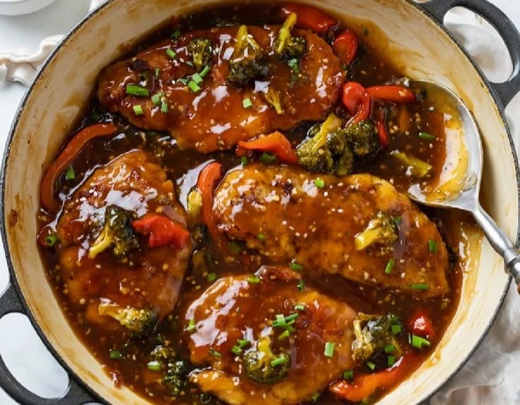 Delicious Honey Garlic Chicken garnished with herbs on a white plate