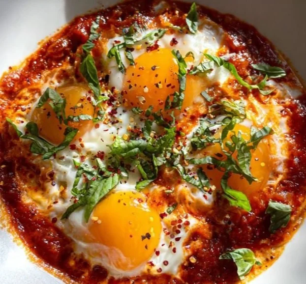 Delicious Italian Eggs in Purgatory served with fresh herbs and crusty bread