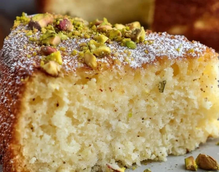 Lemon Pistachio Ricotta Cake with fresh lemon zest and crushed pistachios