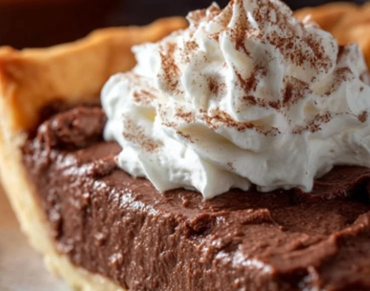 Homemade old-fashioned chocolate pie, rich and creamy dessert on a plate