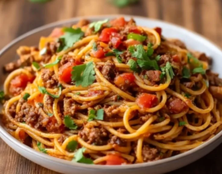 Delicious one-pot taco spaghetti served in a bowl with toppings