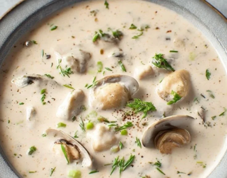Creamy Oyster Stew in a bowl garnished with herbs.