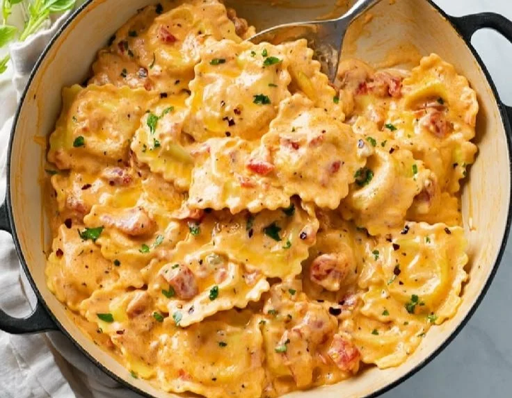 Homemade ravioli sauce served over fresh pasta