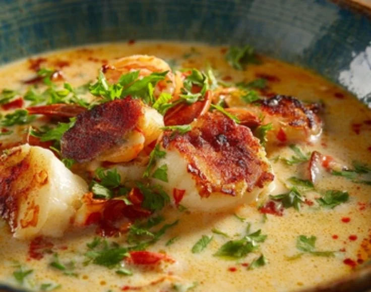Bowl of rich seafood chowder topped with herbs and seafood garnishes.