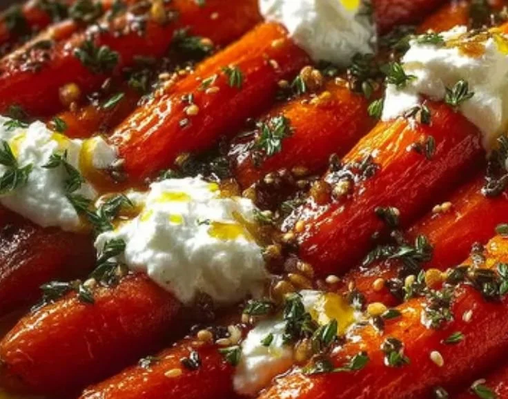 Roasted carrots topped with whipped ricotta and drizzled with hot honey