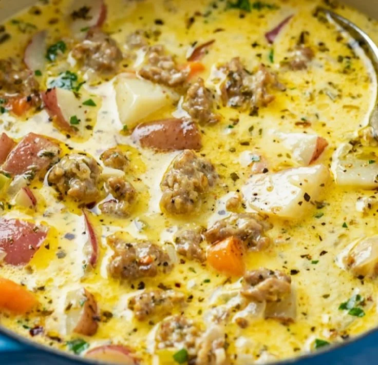 A bowl of homemade sausage potato soup garnished with herbs