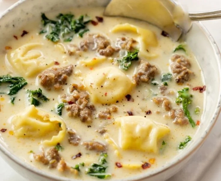 Bowl of delicious Sausage Tortellini Soup with fresh herbs and spices