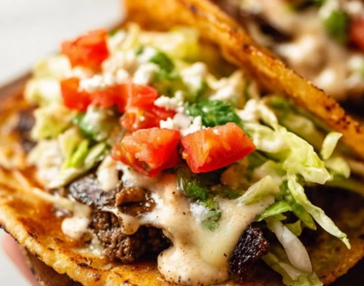 Delicious smash burger tacos topped with fresh ingredients