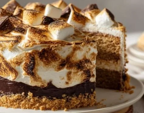 Delicious S'mores Cake with layers of chocolate and toasted marshmallows