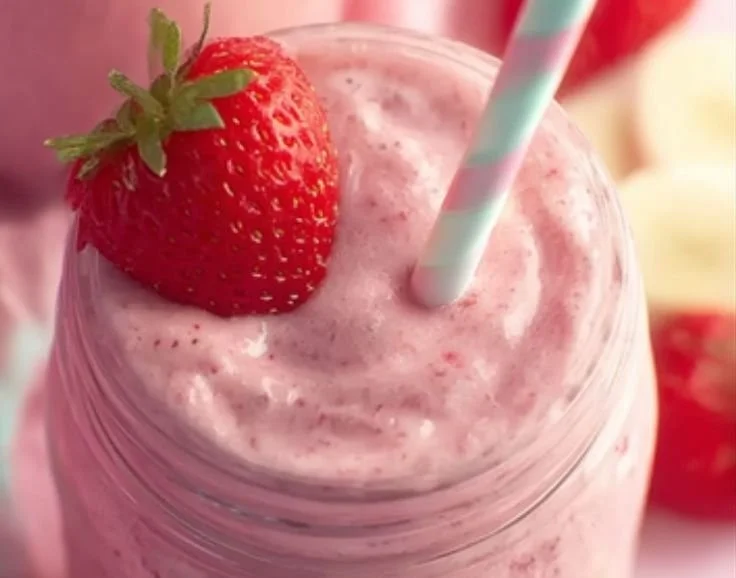 Delicious strawberry banana smoothie in a glass with fresh strawberries and bananas