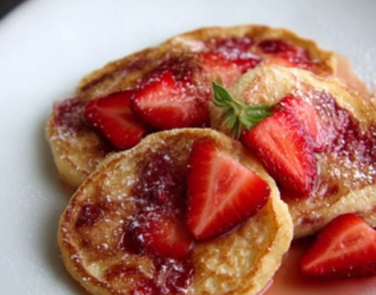 Strawberry Vanilla Cottage Cheese Pancake Bites on a plate