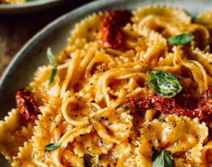 Delicious sun-dried tomato pasta garnished with herbs and cheese