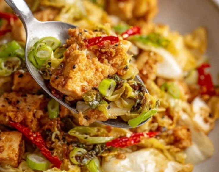 Tofu cabbage stir fry with colorful vegetables in a bowl