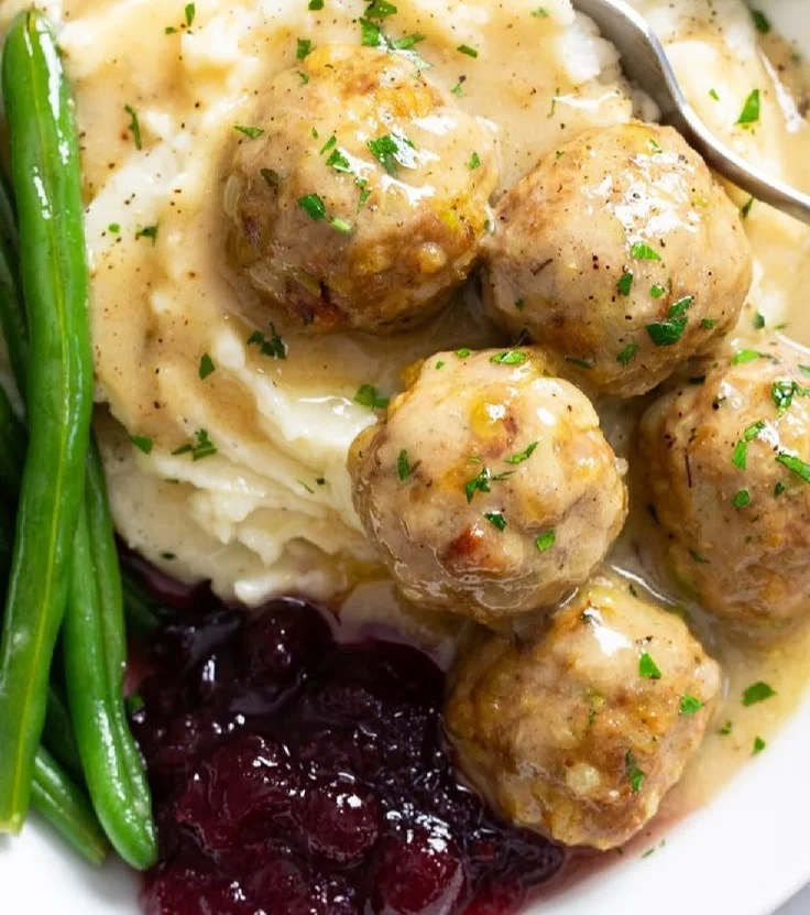 Delicious turkey and stuffing meatballs served on a plate