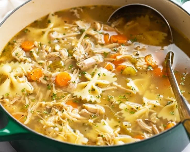 Bowl of hearty turkey soup with vegetables and herbs