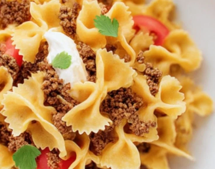 A delicious plate of traditional Turkish pasta with rich sauce and herbs.