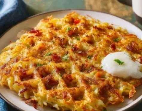 Crispy wafflemaker hash browns served on a plate