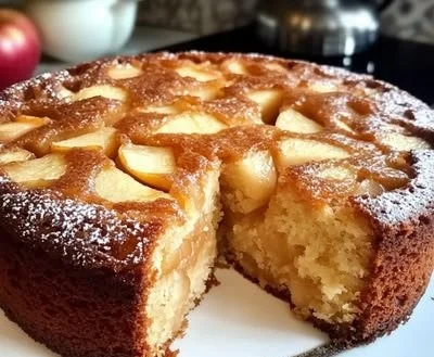 Delicious 3 ingredient apple cake, moist and easy to make, topped with fresh apples.