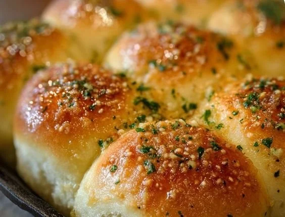 Freshly baked garlic parmesan dinner rolls on a wooden table