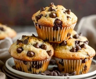 Delicious 5-ingredient chocolate chip muffins on a wooden table
