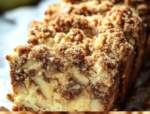 Delicious apple crisp cheesecake bread topped with crunchy oats and apple slices.