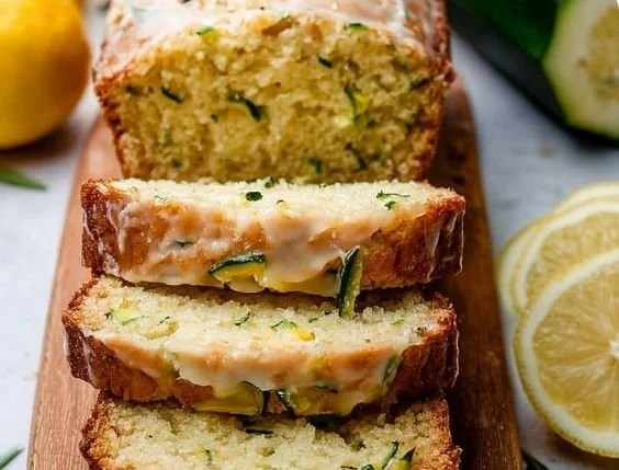 Slice of award-winning lemon zucchini bread with a lemon garnish