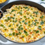 Delicious baked elote dip topped with cheese and spices, perfect for dipping.