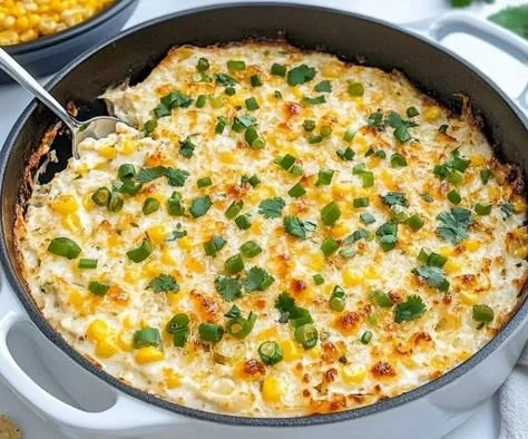 Delicious baked elote dip topped with cheese and spices, perfect for dipping.