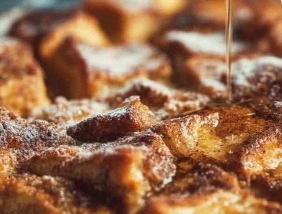 Delicious baked French toast casserole topped with syrup and berries