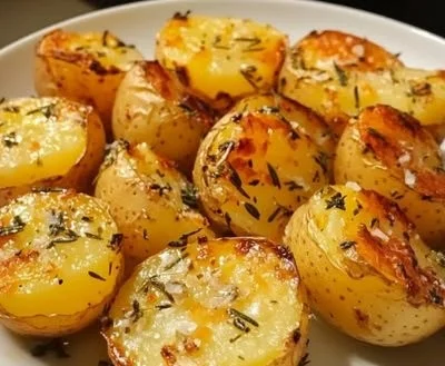 Crispy baked garlic butter potatoes served on a plate