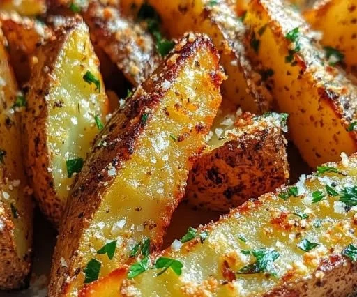 Baked garlic parmesan potato wedges topped with fresh herbs and spices