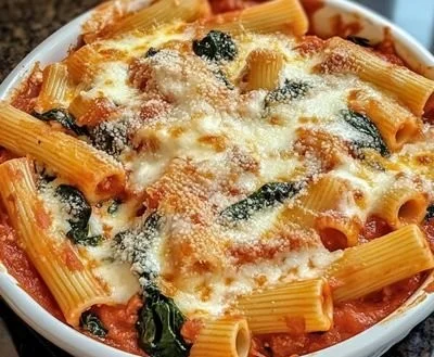 Baked rigatoni with spinach and ricotta in a casserole dish