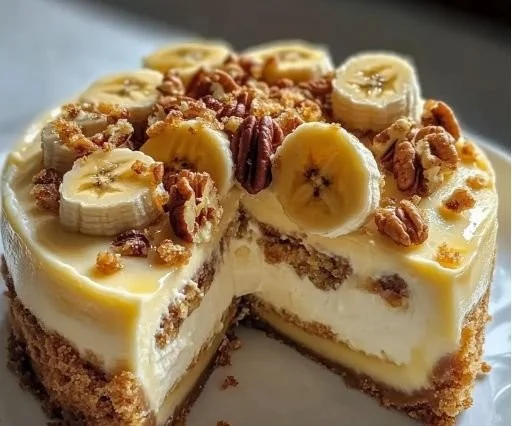 Delicious slice of Banana Pudding Cheesecake with a crunchy topping