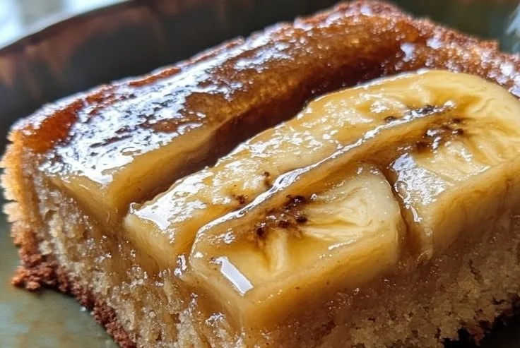 Delicious one bowl Banana Tahini Snack Cake freshly baked and served on a plate.