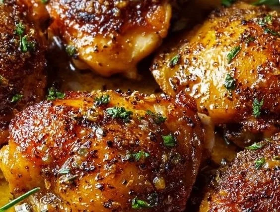 Juicy oven baked chicken thighs seasoned and ready to serve