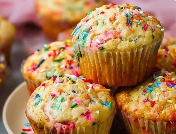 Delicious vanilla funfetti muffins with colorful sprinkles